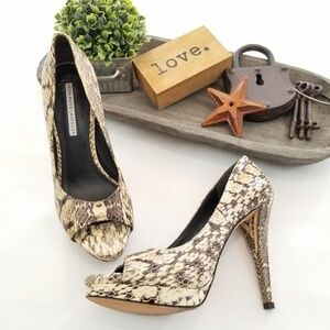 Vera Wang Lavender snake print open toe heels